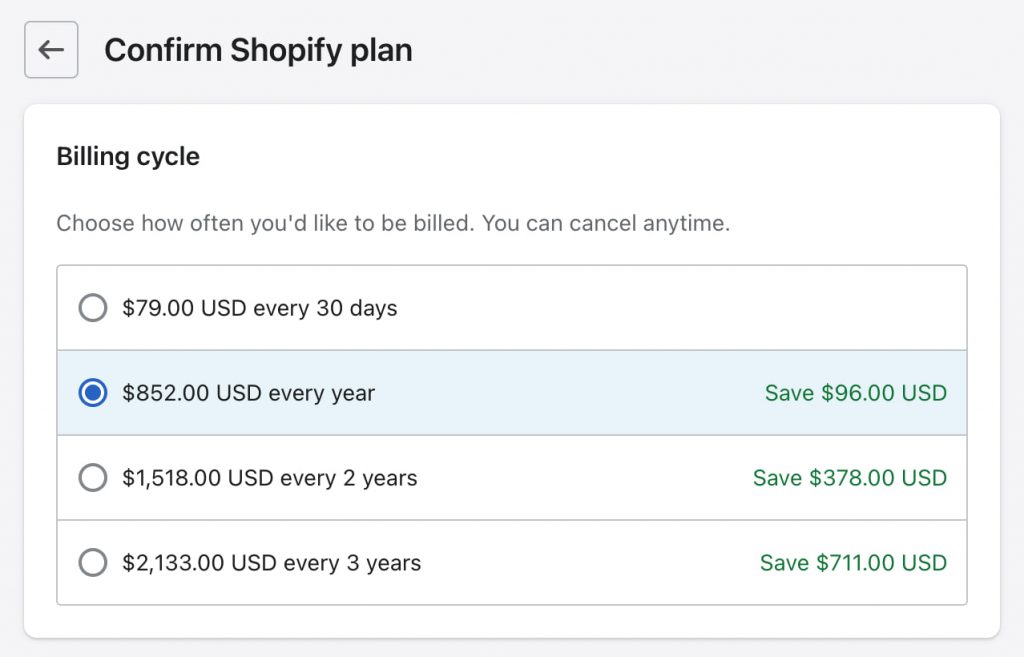 Shopify 付費方案 — 付款週期越長，越省錢！