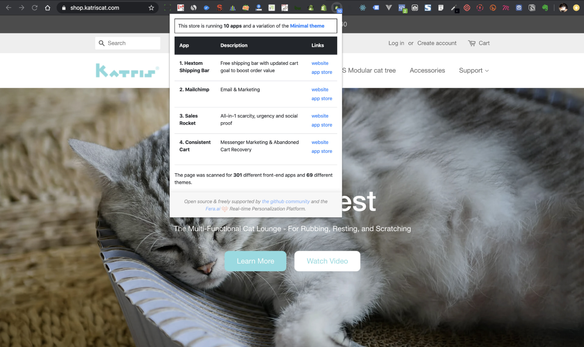 Chrome Extension: Shopify App/Theme Detector by Fera.ai 的使用畫面