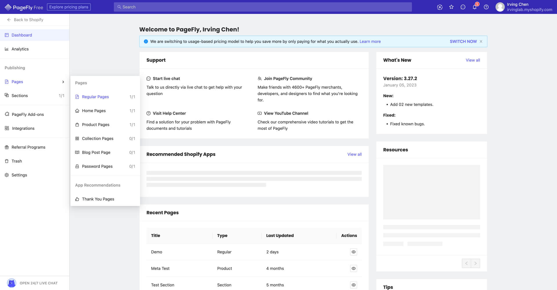 PageFly 的左側欄中選取 Pages 顯示可以建立的 Shopify 頁面類型-Irvinglab 爾文實驗室